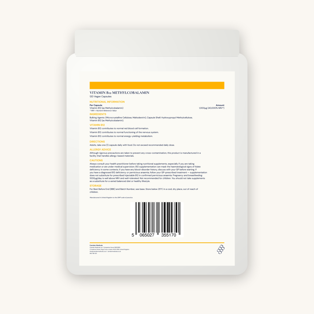 Purifera® Vitamin B12 Methylcobalamin 1mg 120 Capsules - Image 2